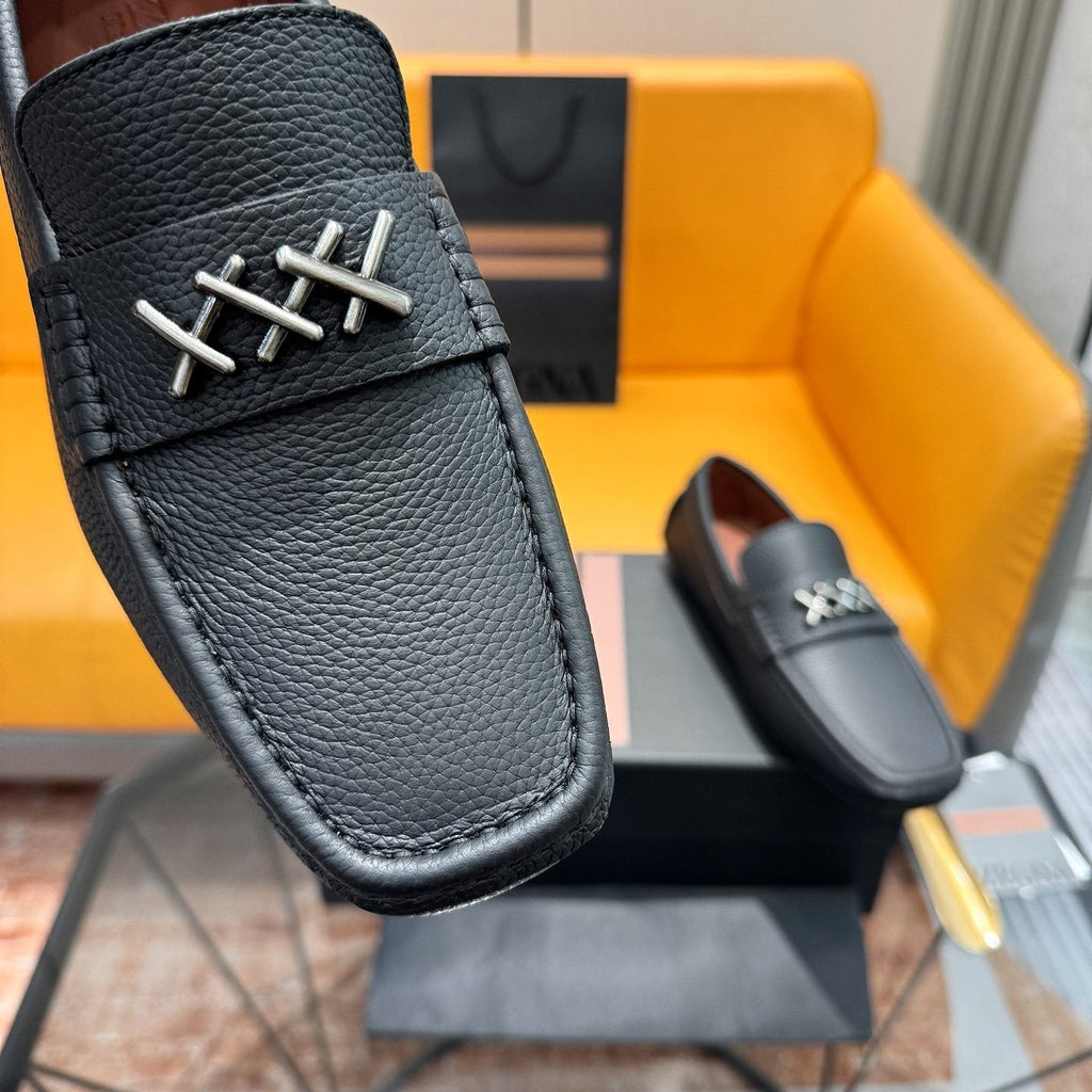 Zegna Black Cross-Stitch Driving Loafers — detail