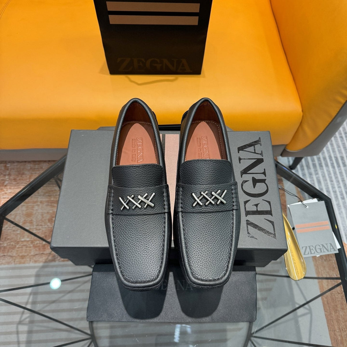 Zegna Black Cross-Stitch Driving Loafers — hero