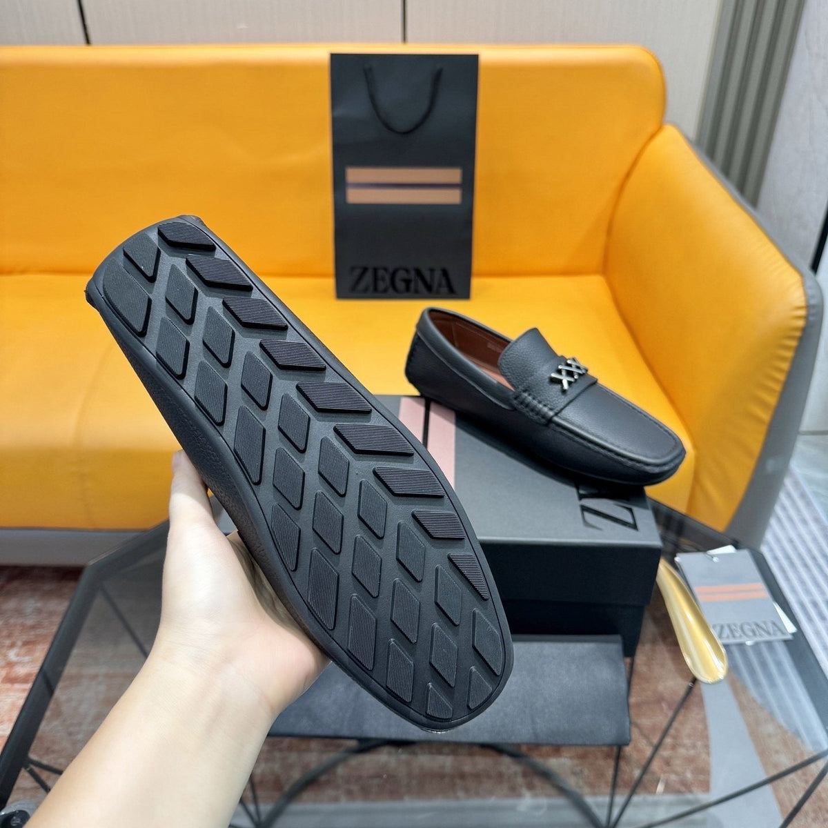 Zegna Black Cross-Stitch Driving Loafers — detail