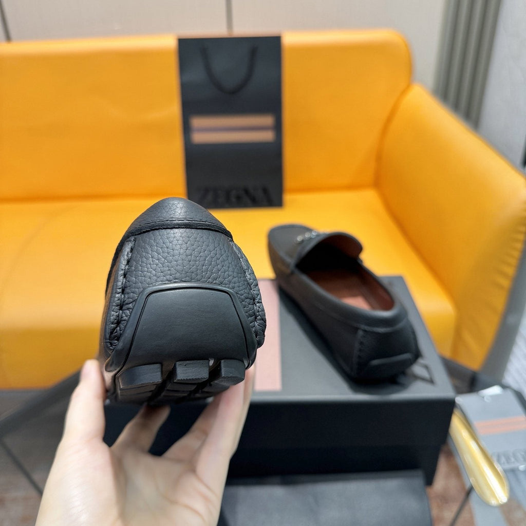 Zegna Black Cross-Stitch Driving Loafers — detail