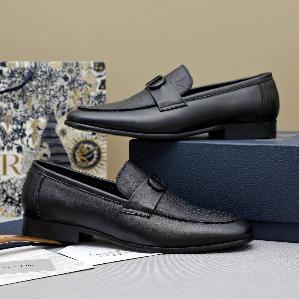 Dior Black Textured Buckle Loafers — side