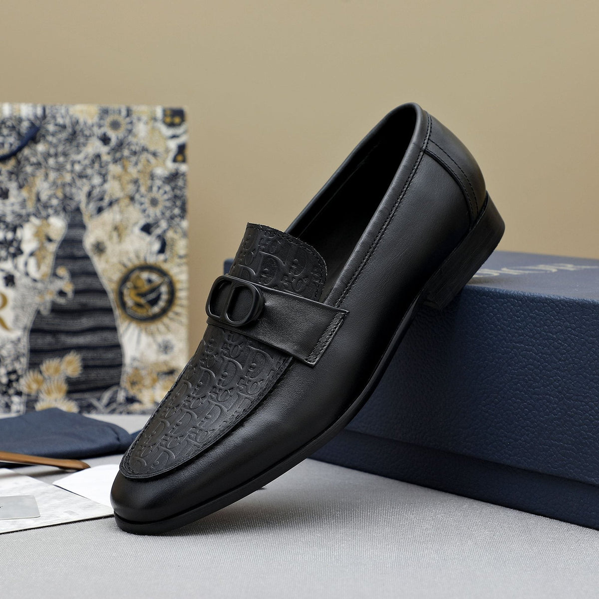Dior Black Textured Buckle Loafers — hero
