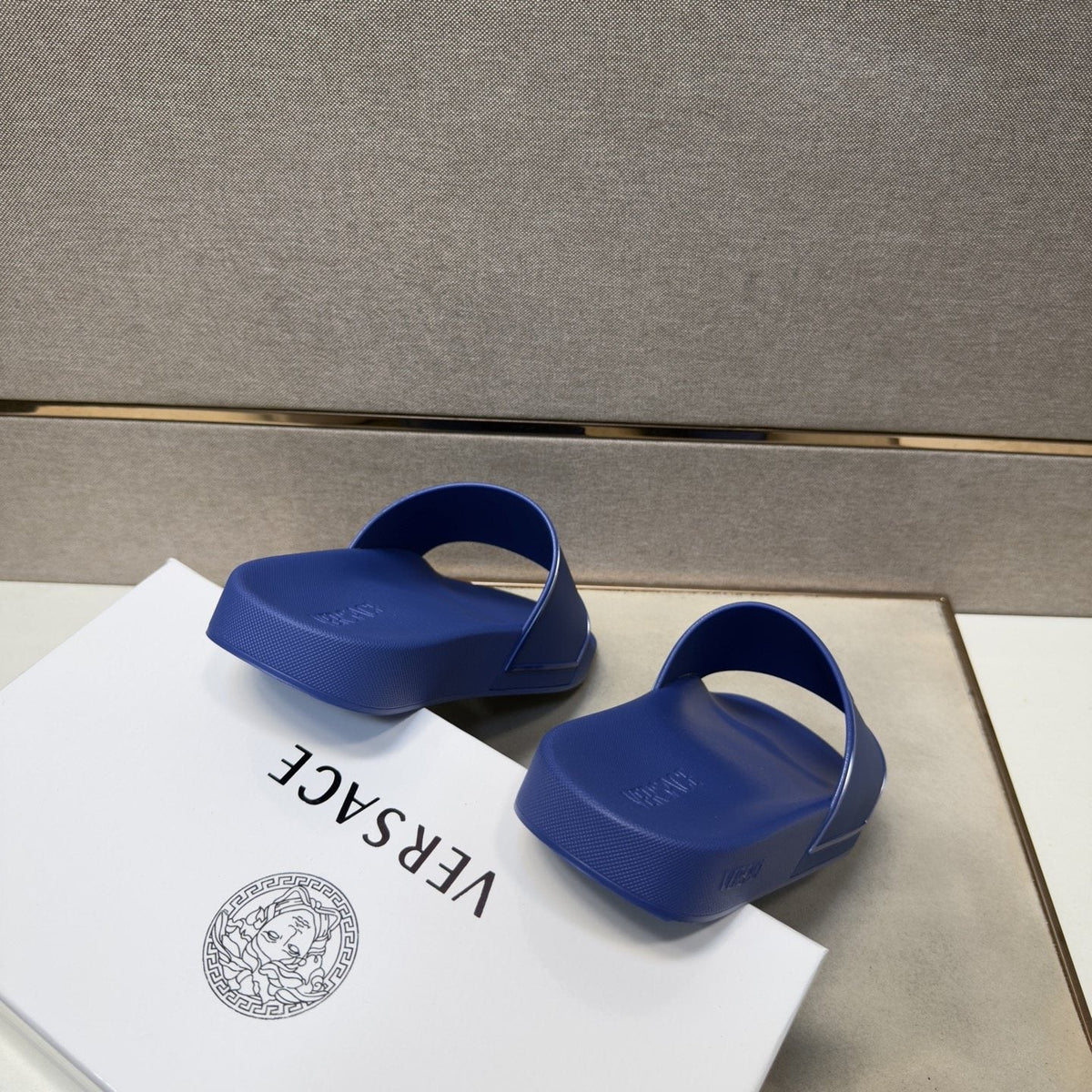 Versace Blue Raised Emblem Slide Sandals — back