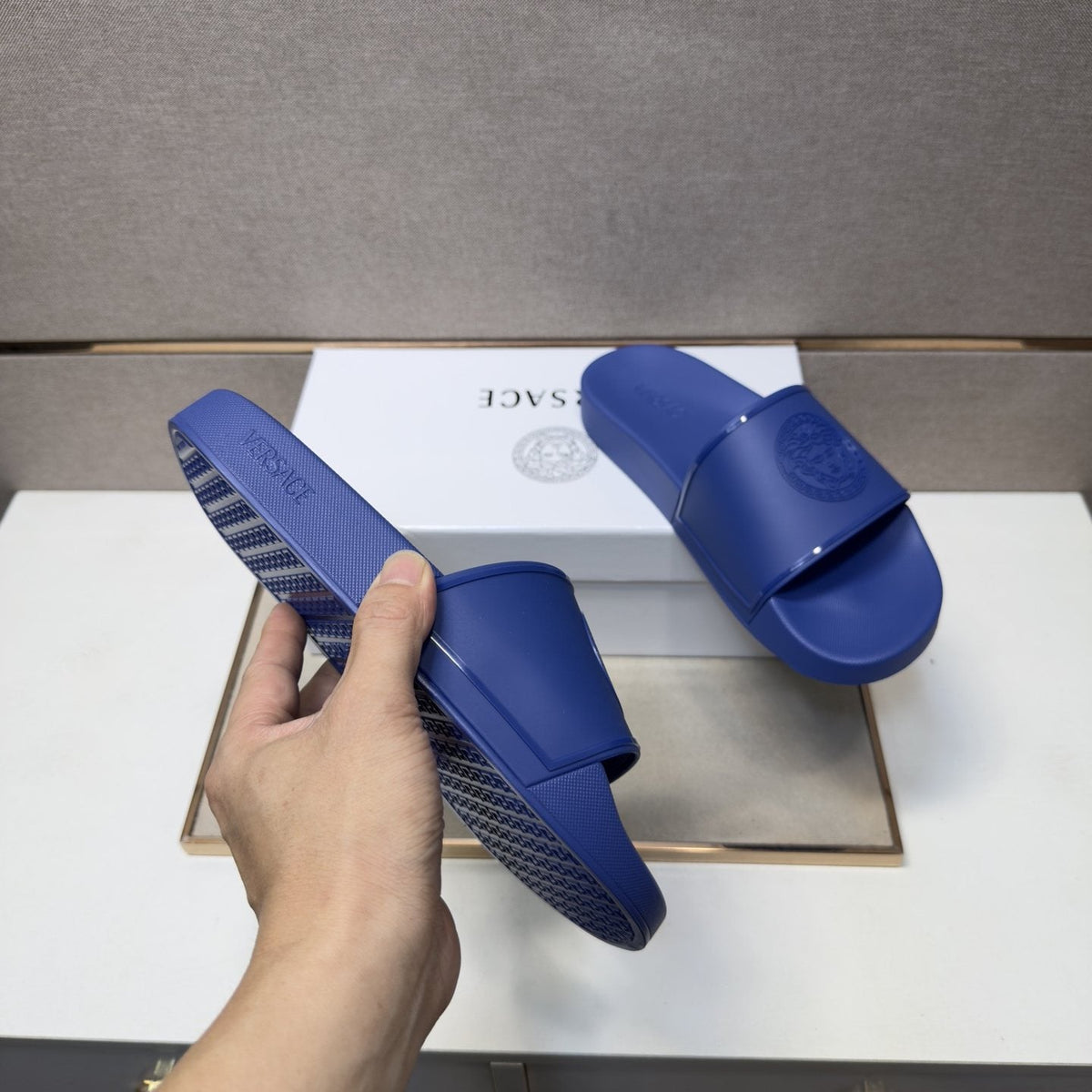 Versace Blue Raised Emblem Slide Sandals — detail