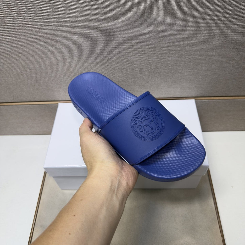 Versace Blue Raised Emblem Slide Sandals — model