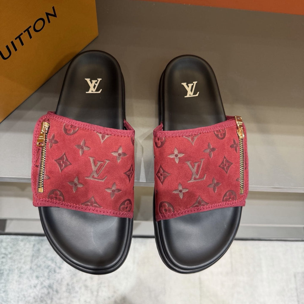 Louis Vuitton Red and Black Zipper Slide Sandals — front