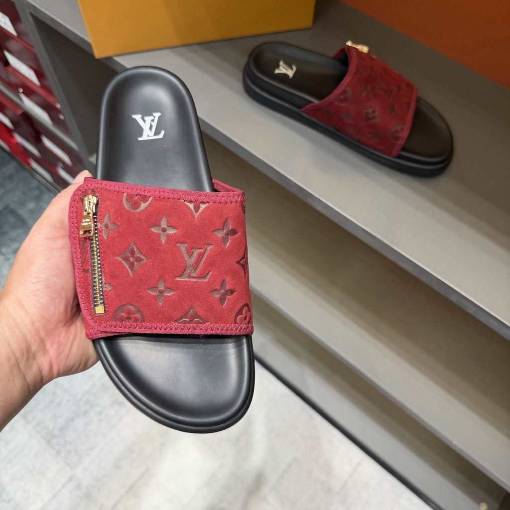 Louis Vuitton Red and Black Zipper Slide Sandals — model