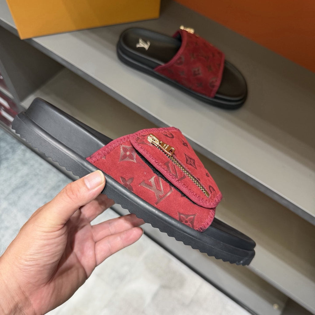 Louis Vuitton Red and Black Zipper Slide Sandals — side
