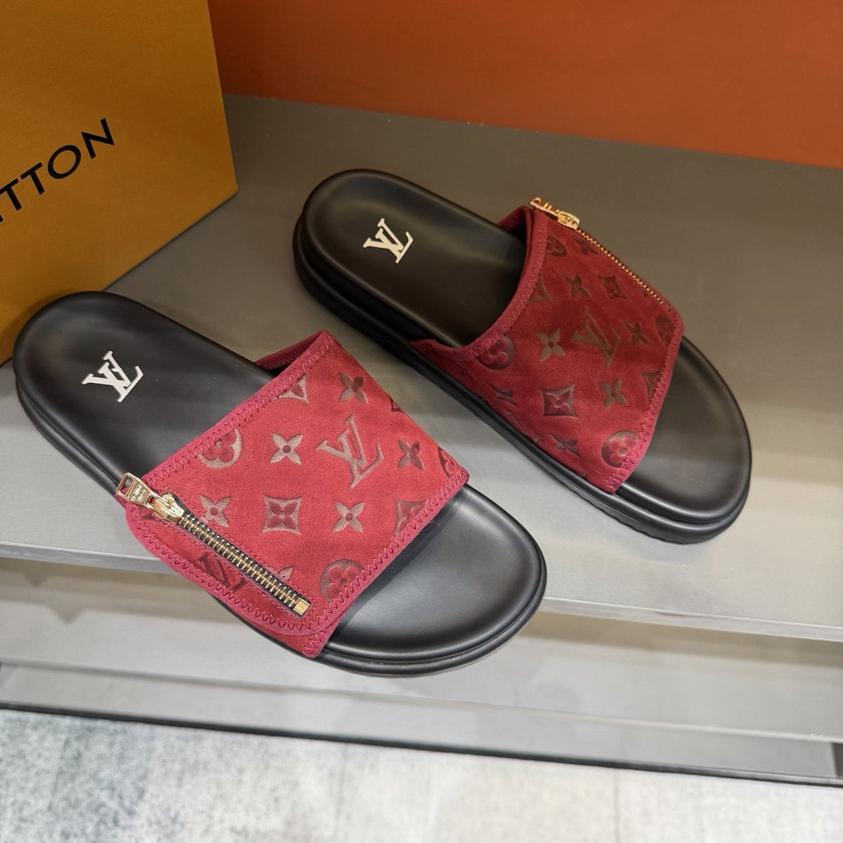Louis Vuitton Red and Black Zipper Slide Sandals — front