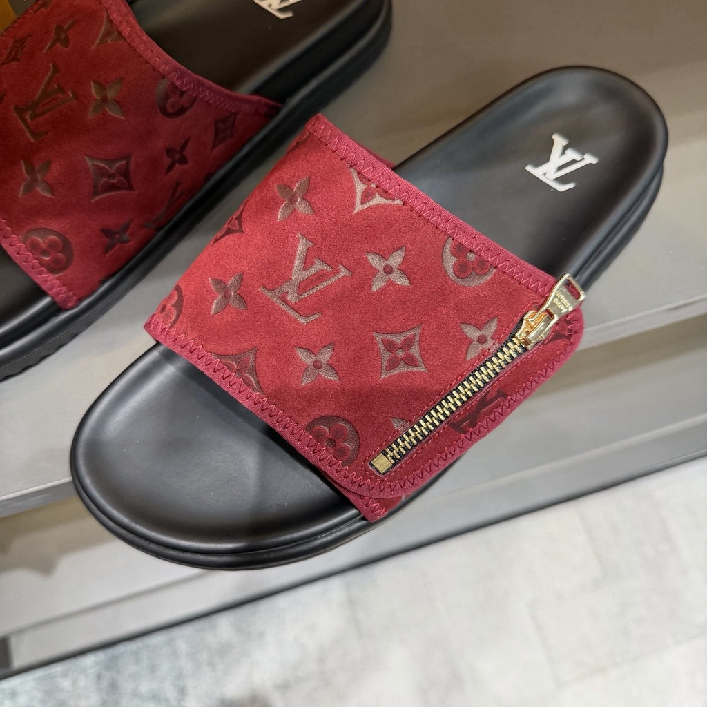 Louis Vuitton Red and Black Zipper Slide Sandals — front