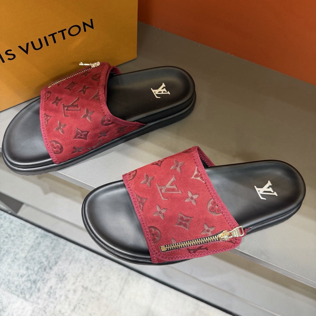 Louis Vuitton Red and Black Zipper Slide Sandals — front