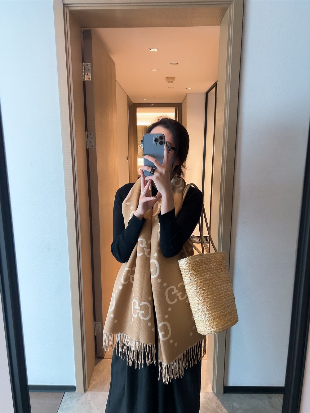 Gucci Camel Brown and Ivory Fringed Scarf — model