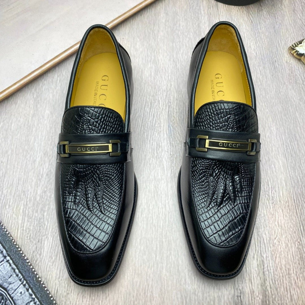 Gucci Black Textured Leather Slip-On Shoes — hero