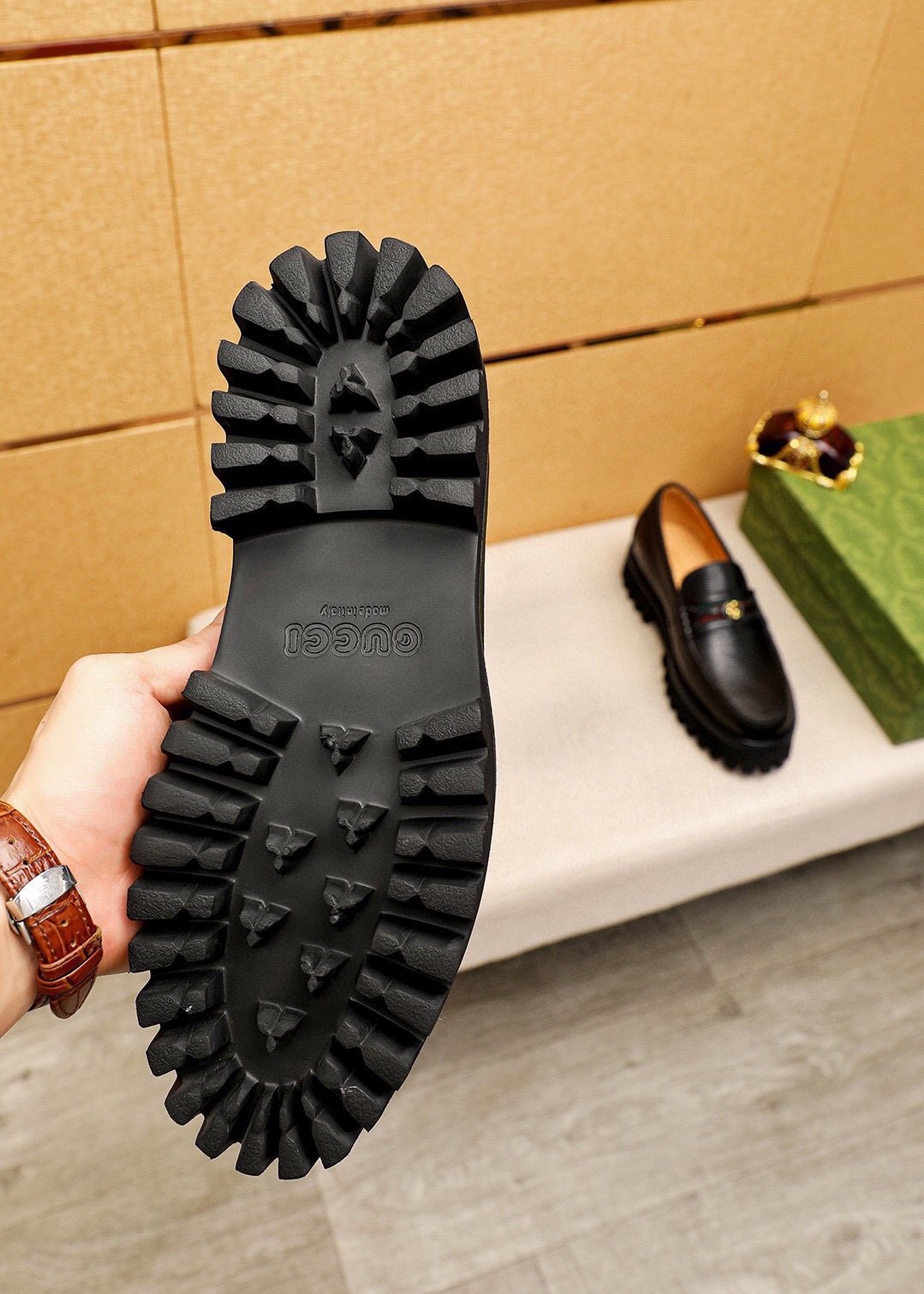 Gucci Black Metal-Bit Lug Sole Loafers — detail