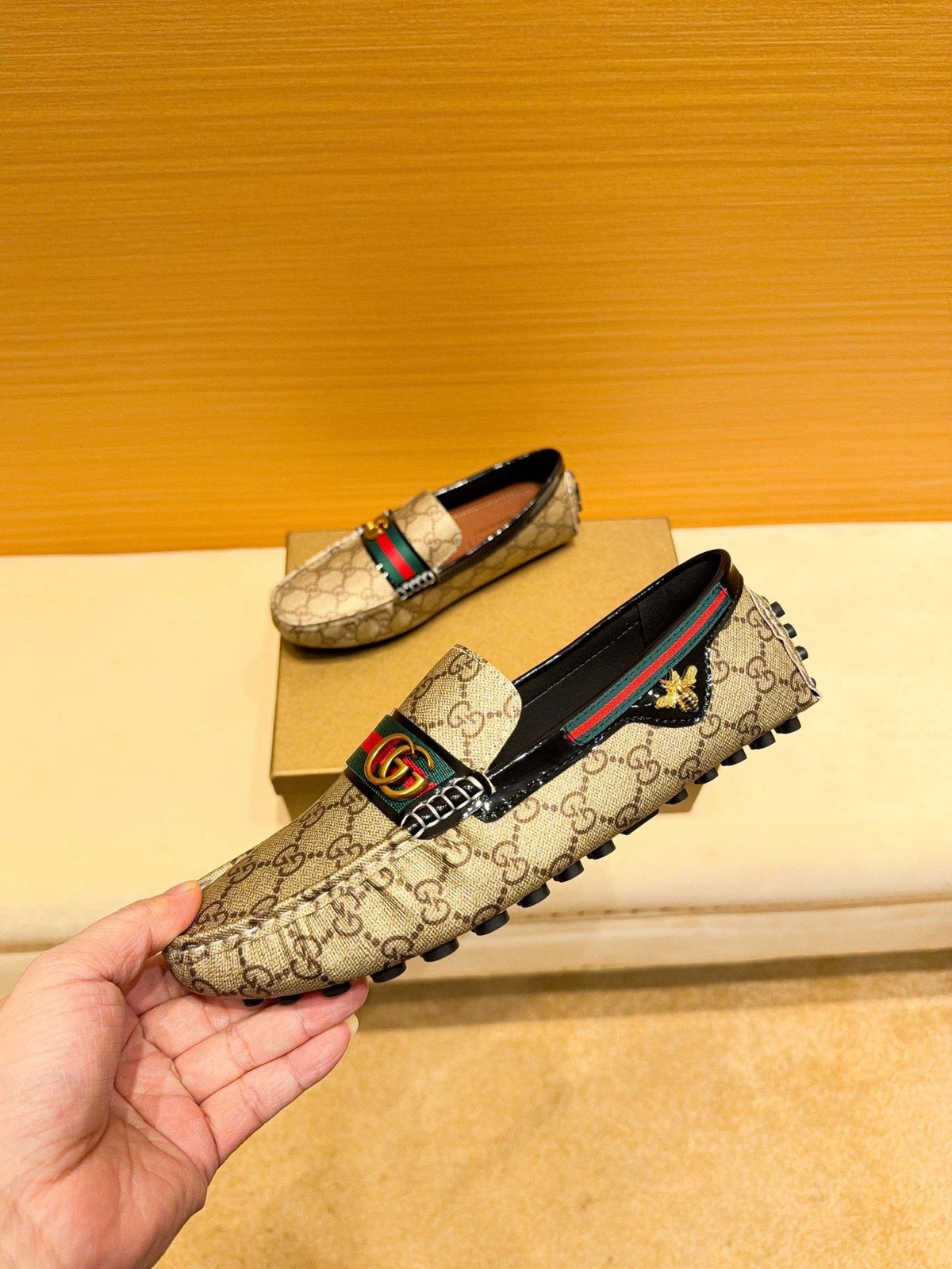 Gucci Beige Monogram Stripe Loafers — side