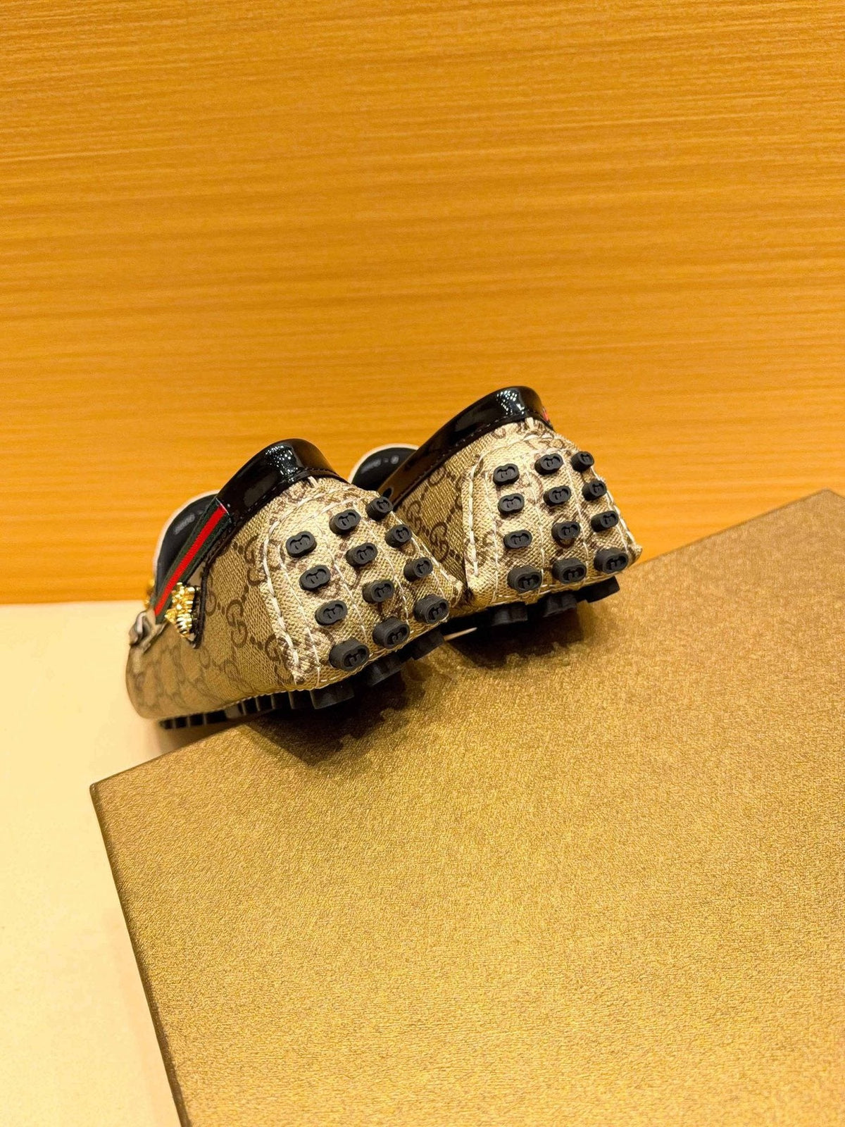 Gucci Beige Monogram Stripe Loafers — back