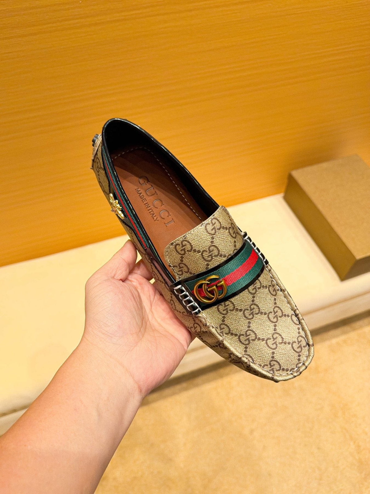 Gucci Beige Monogram Stripe Loafers — front