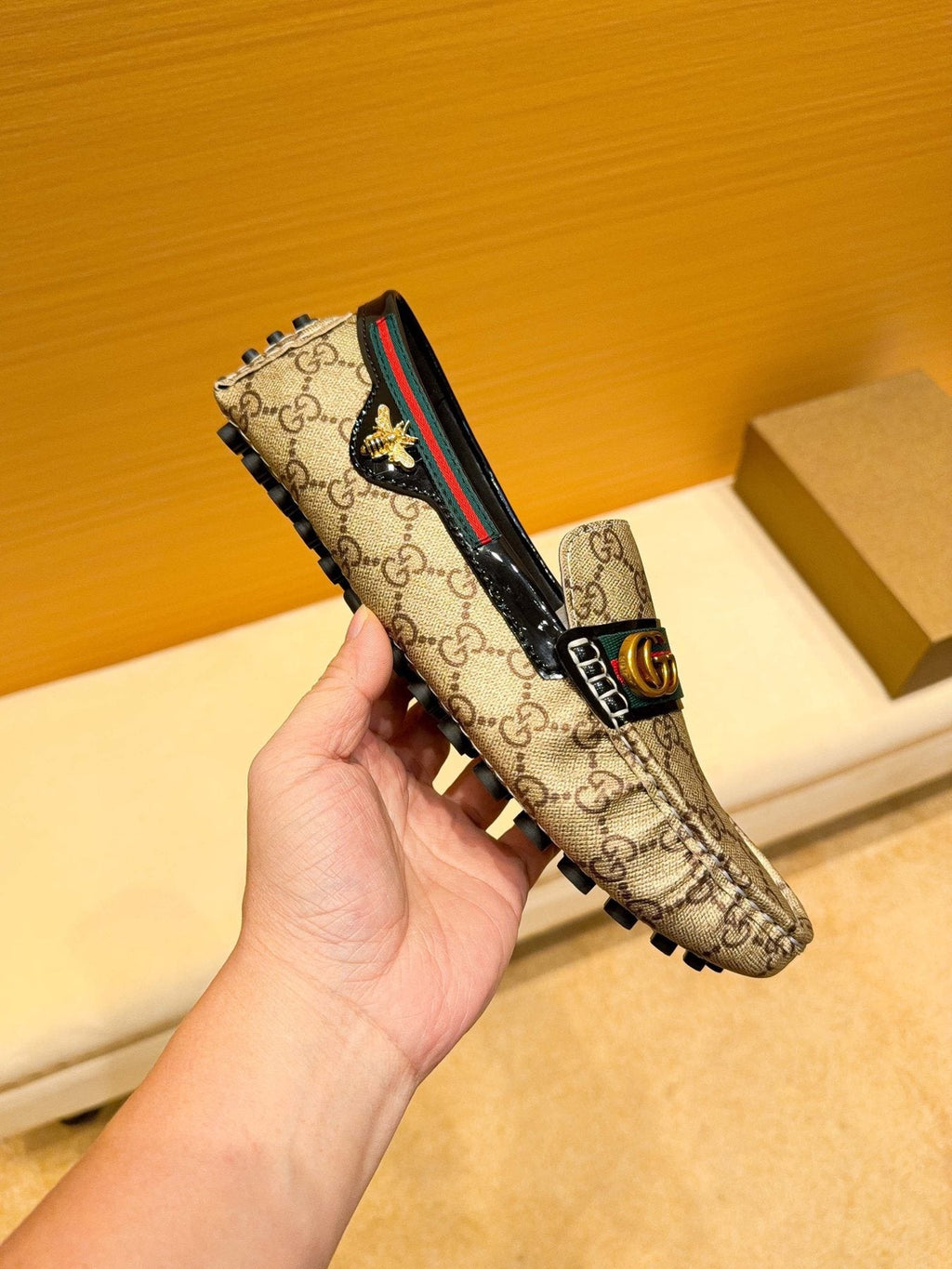 Gucci Beige Monogram Stripe Loafers — side