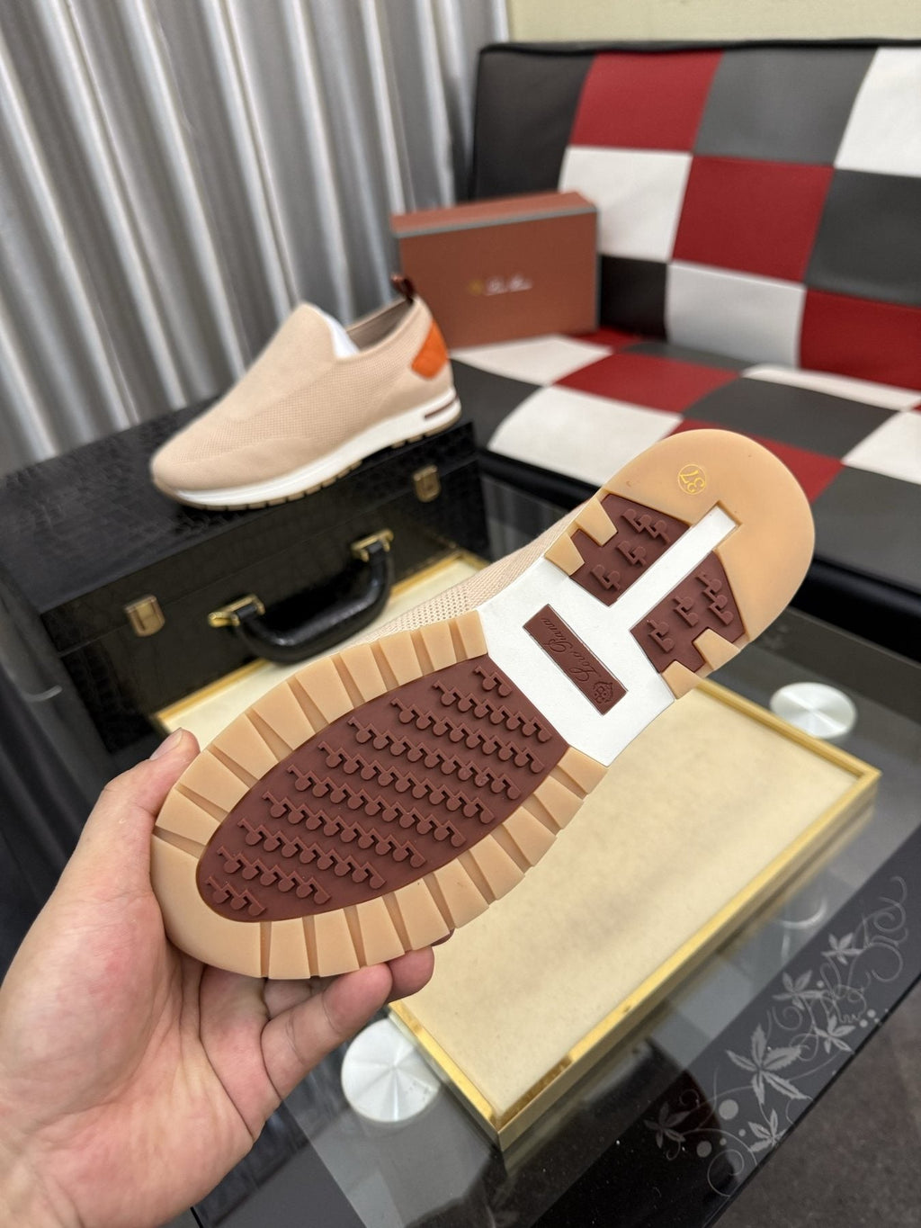 Men's Beige Slip-On Sneakers with Orange-Brown Heel Accent — detail