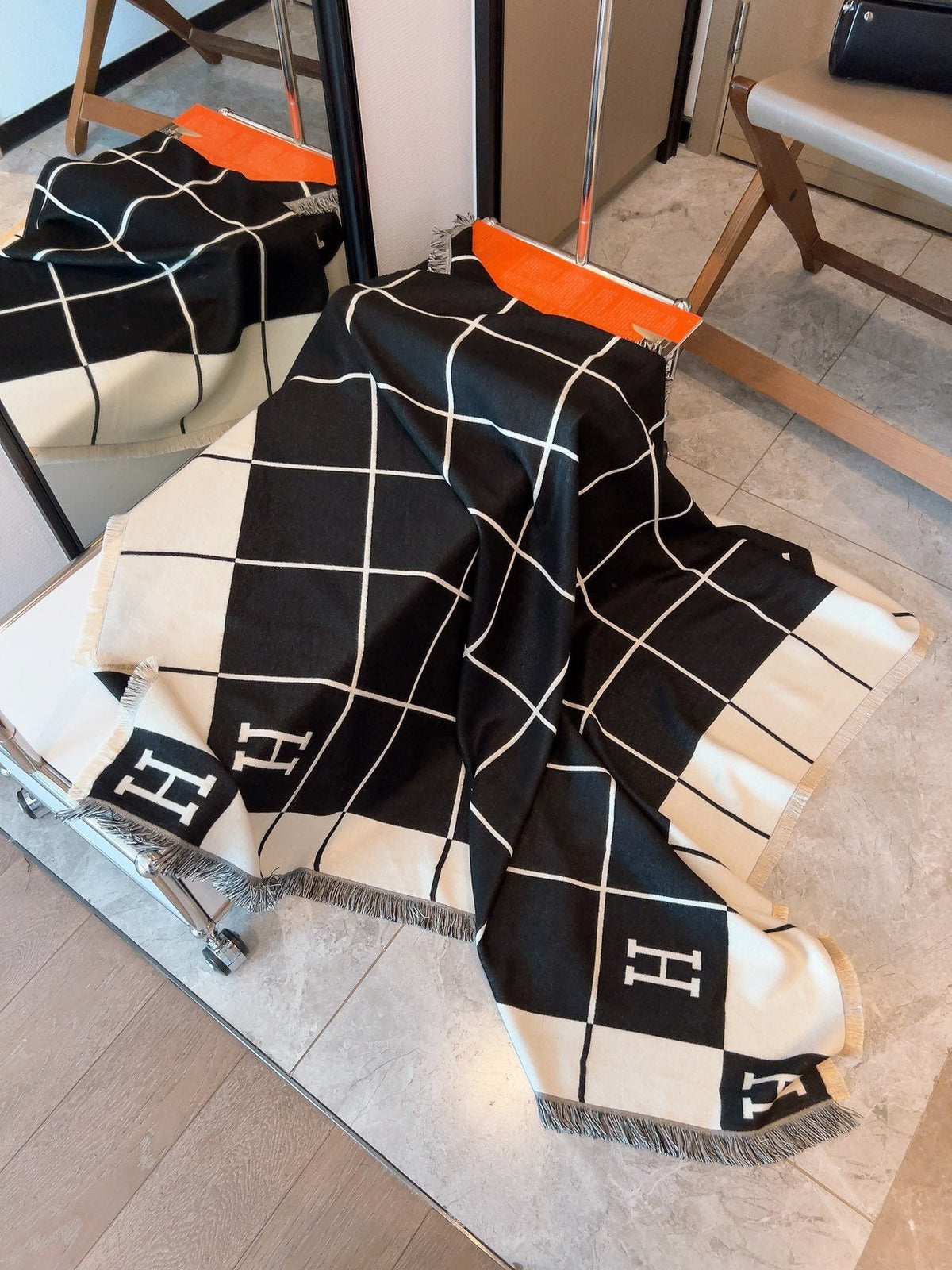 Hermès Black & Cream Grid Square Scarf — front
