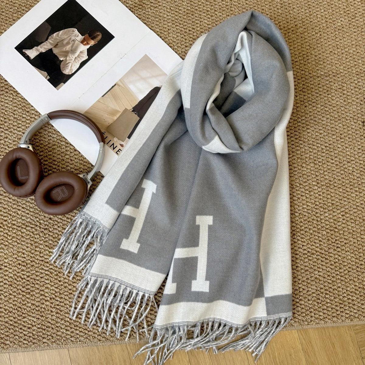 Fringed Color-Block Letter-Motif Scarf — side