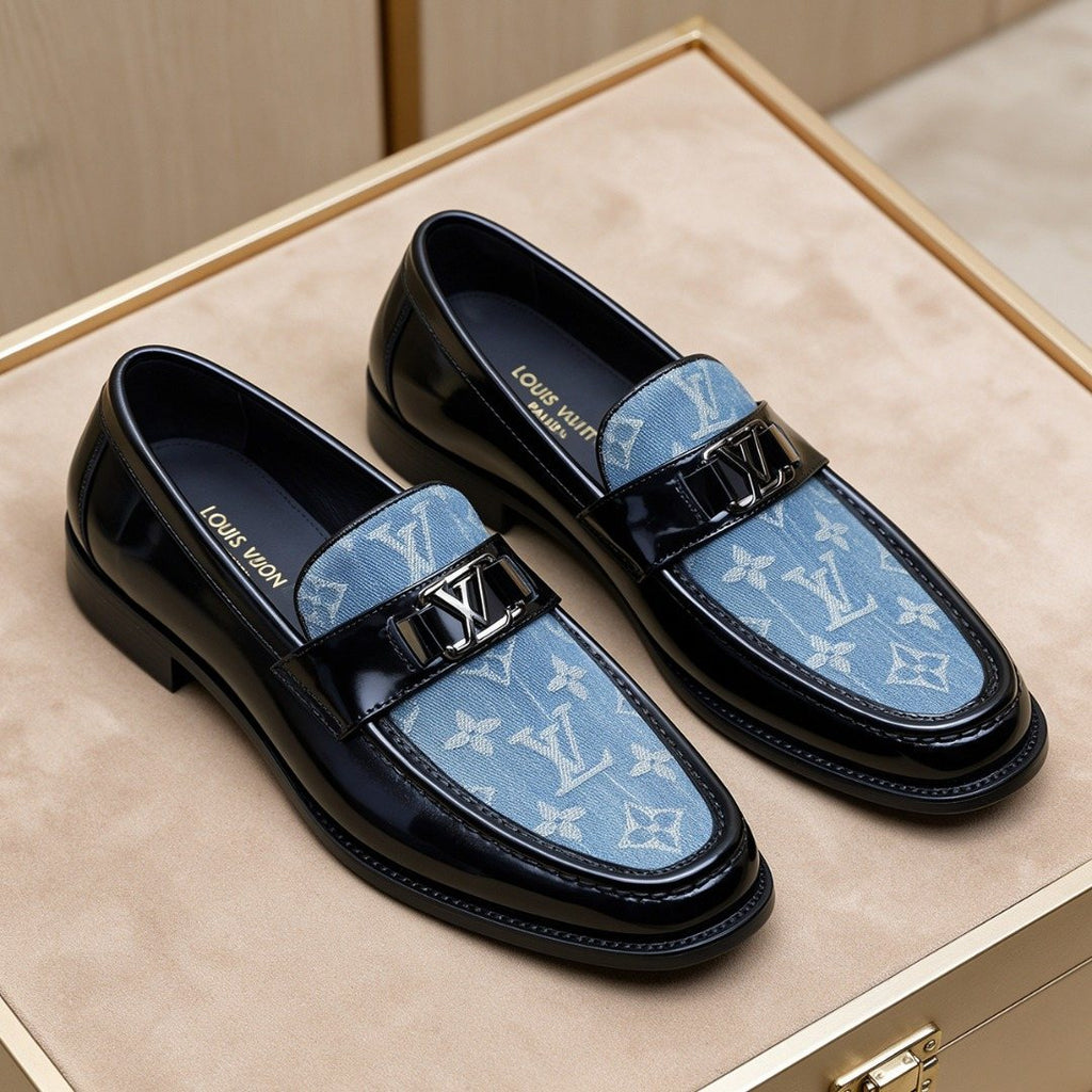 Louis Vuitton Black Loafers with Blue Patterned Vamps — hero