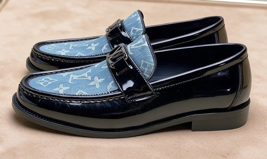 Louis Vuitton Black Loafers with Blue Patterned Vamps — front