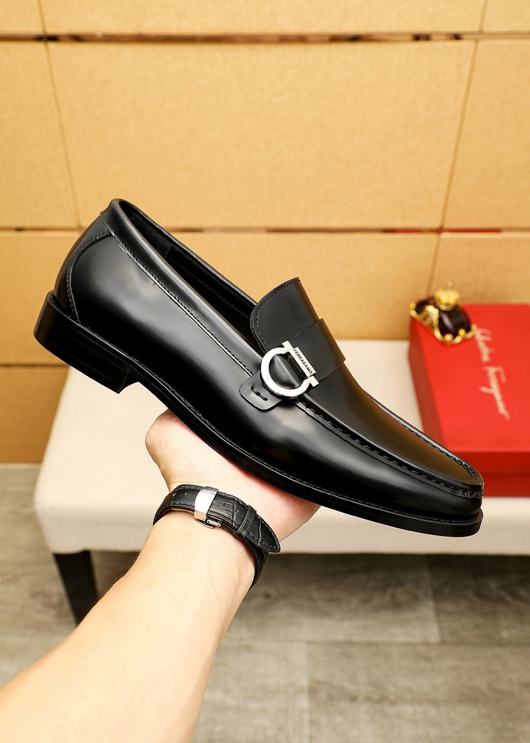 Ferragamo Black Buckle Loafers — model