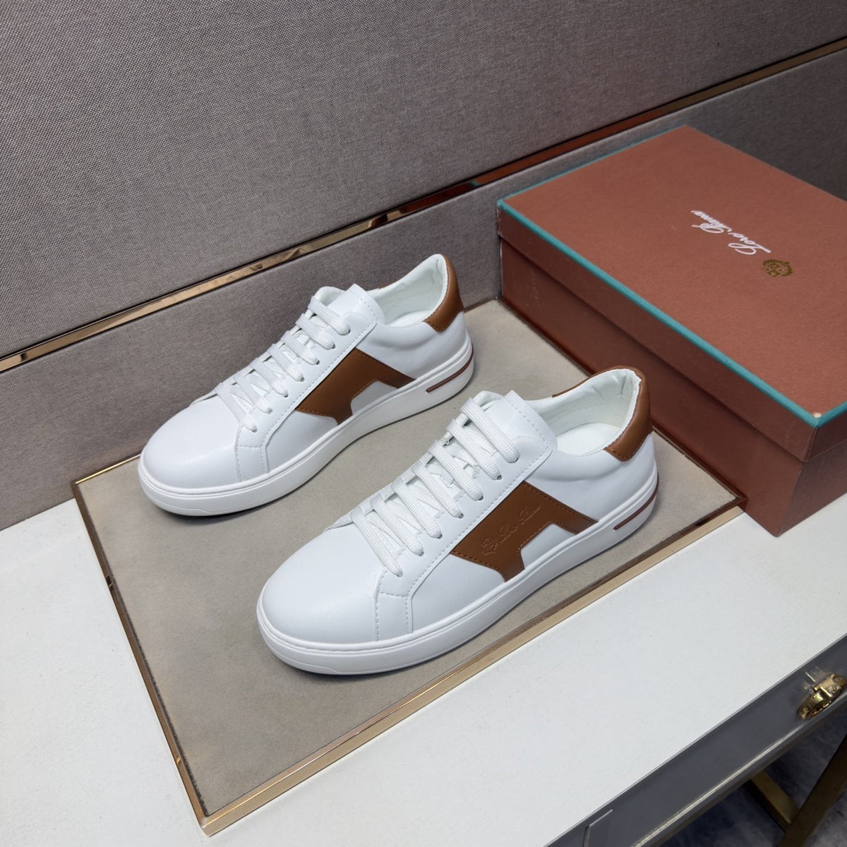 White and Brown Low-Top Sneakers — front