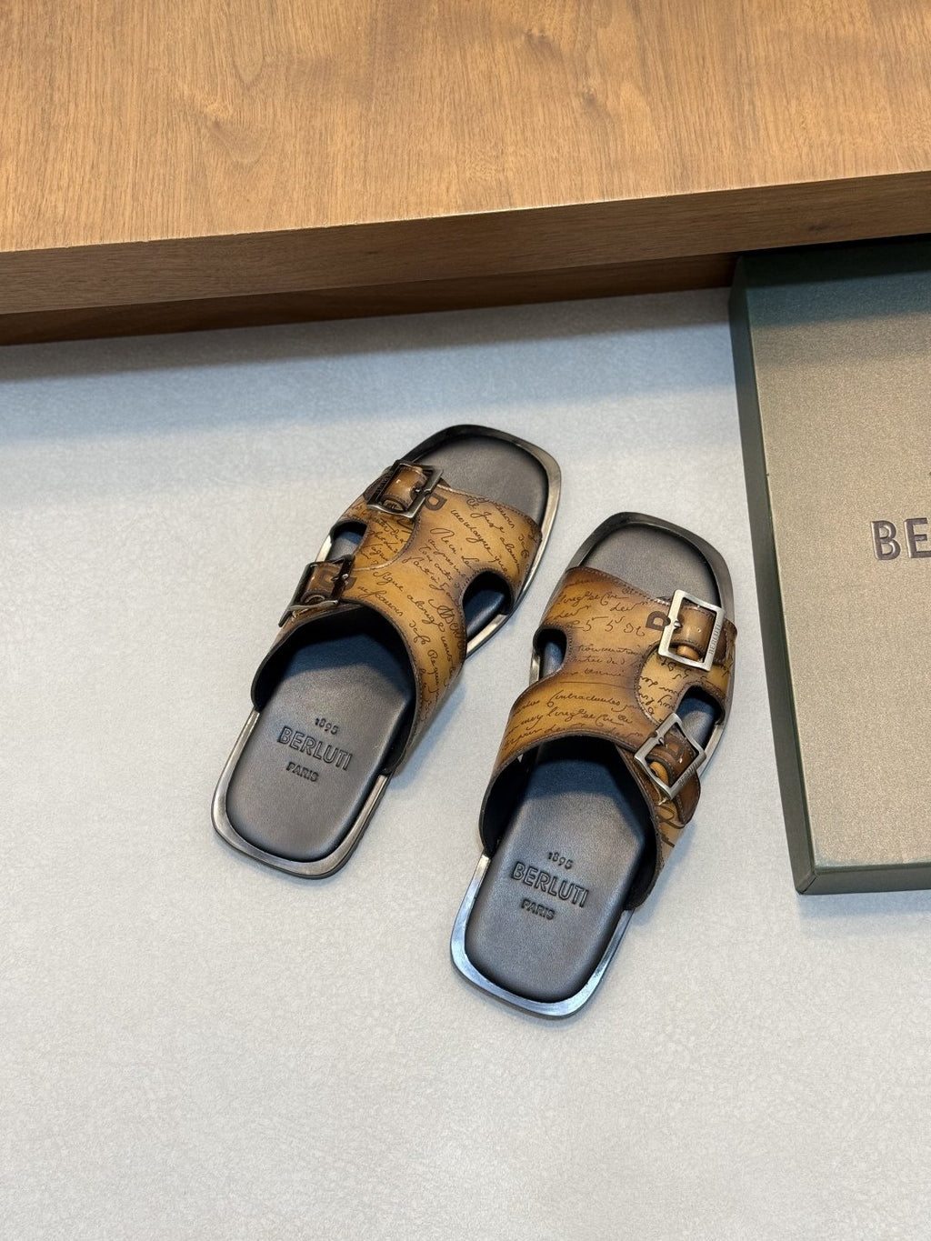 Berluti Patterned Buckle Slide Sandals — front