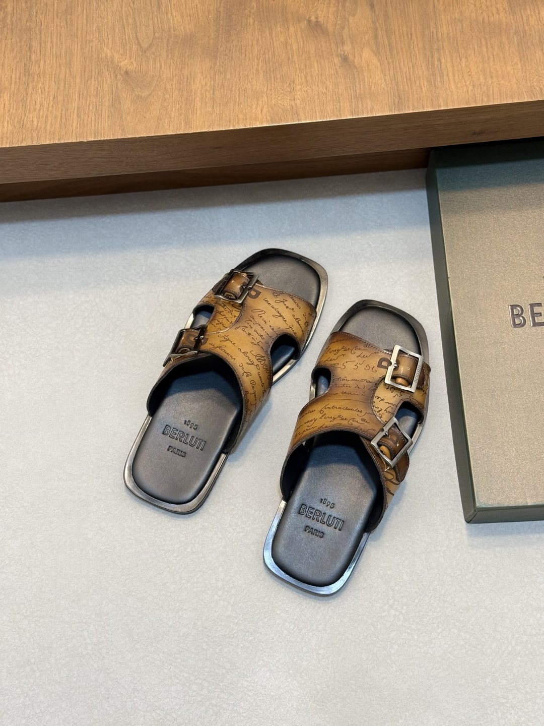 Berluti Patterned Buckle Slide Sandals — front