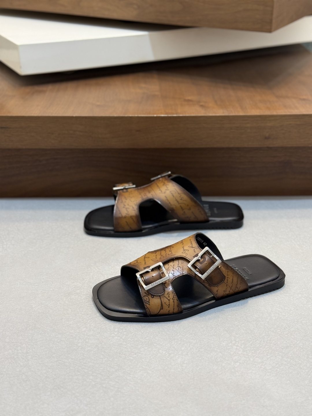 Berluti Patterned Buckle Slide Sandals — front