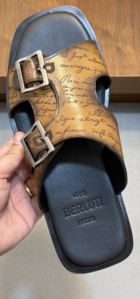 Berluti Patterned Buckle Slide Sandals — front