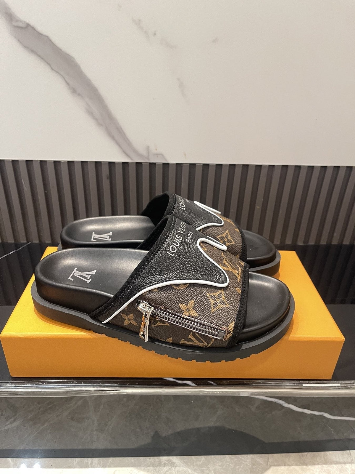 Louis Vuitton Brown Monogram Slide Sandals — side