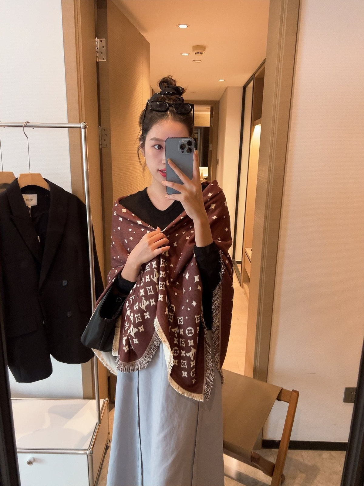 Louis Vuitton Brown Fringe Shawl — model