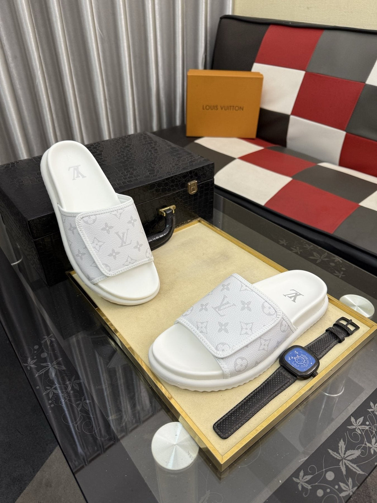 Louis Vuitton Light Gray Monogram Slide Sandals — front