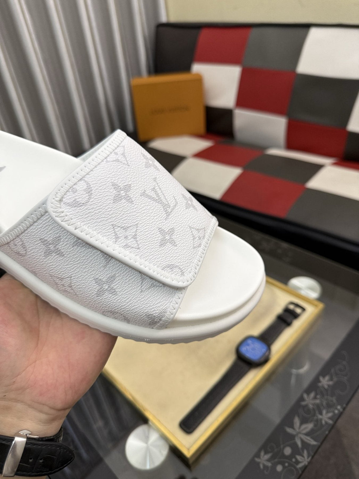 Louis Vuitton Light Gray Monogram Slide Sandals — detail