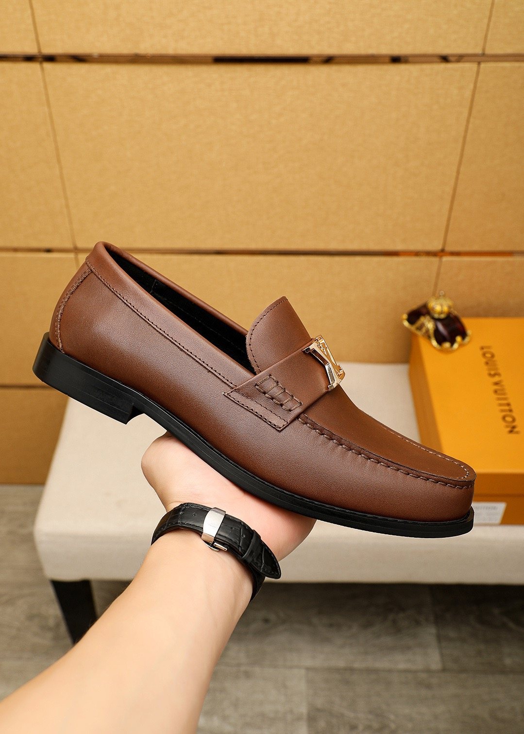 LOUIS VUITTON Brown Metal Hardware Loafers — side