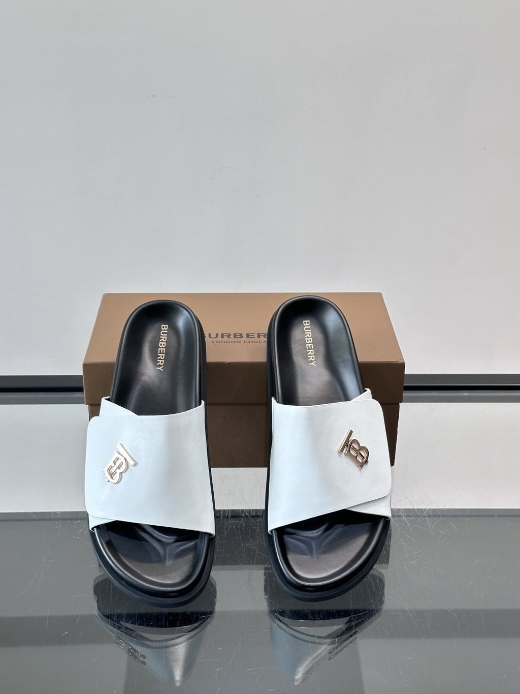 Burberry Men’s White Leather Logo Slide Sandals — front