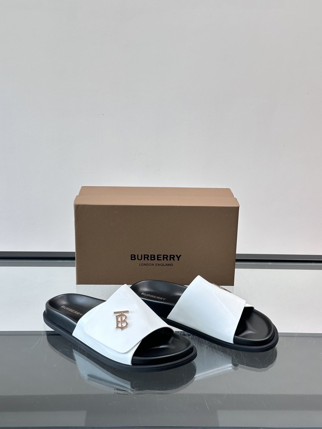 Burberry Men’s White Leather Logo Slide Sandals — front