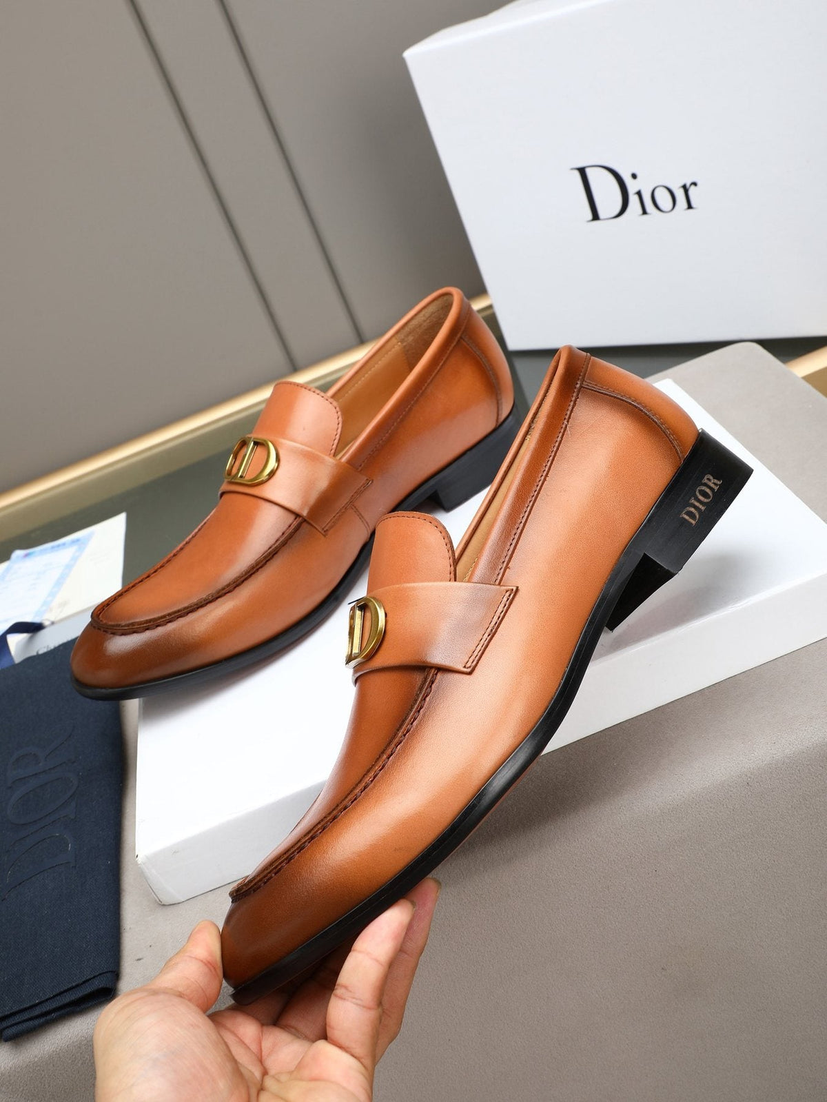 Dior Cognac Brown Gold-Hardware Loafers — front