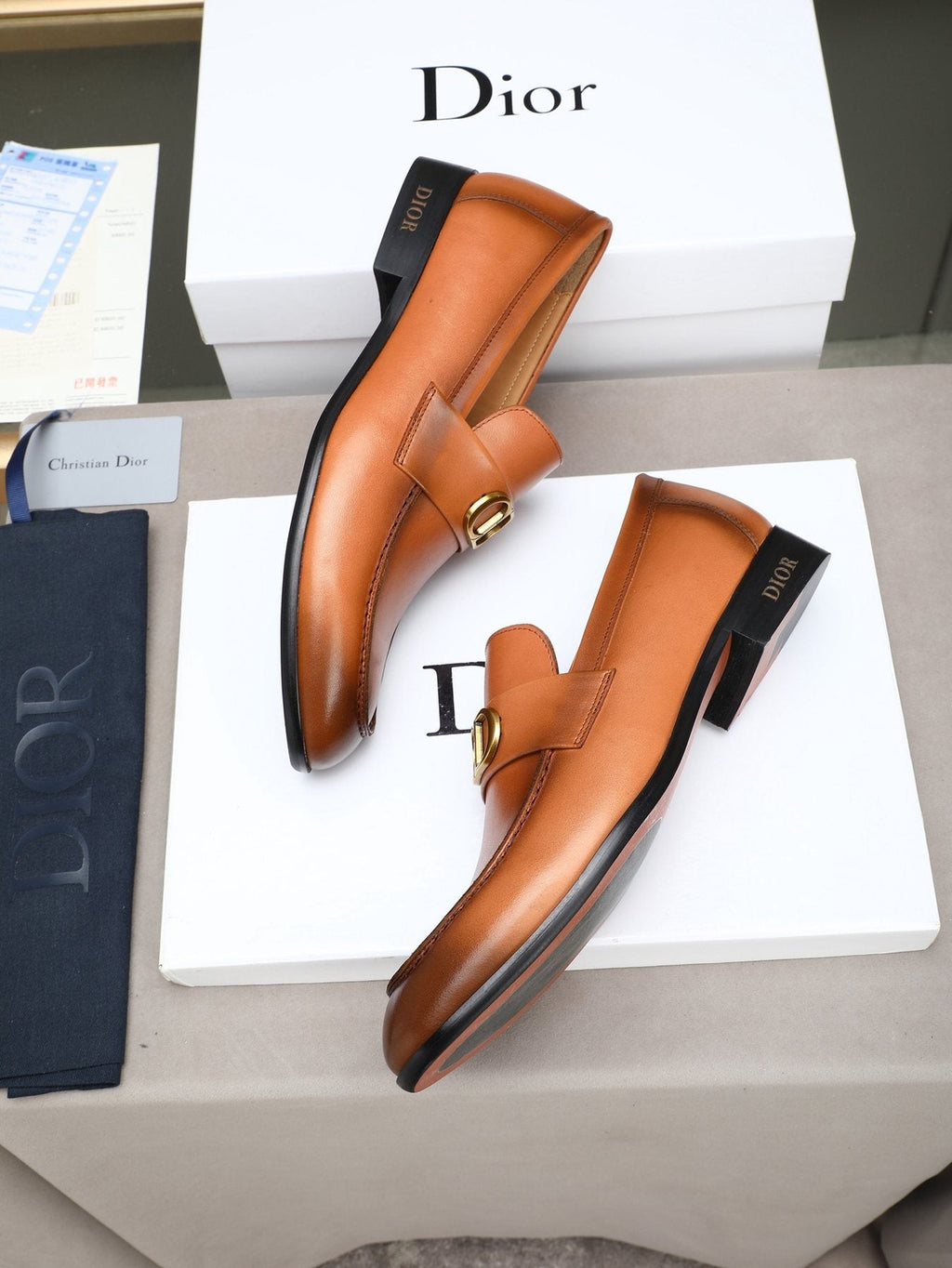 Dior Cognac Brown Gold-Hardware Loafers — front