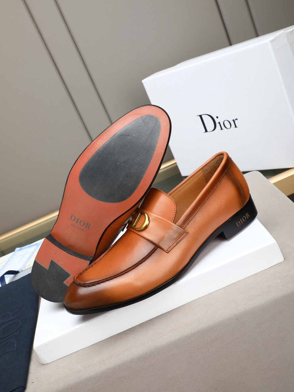 Dior Cognac Brown Gold-Hardware Loafers — detail