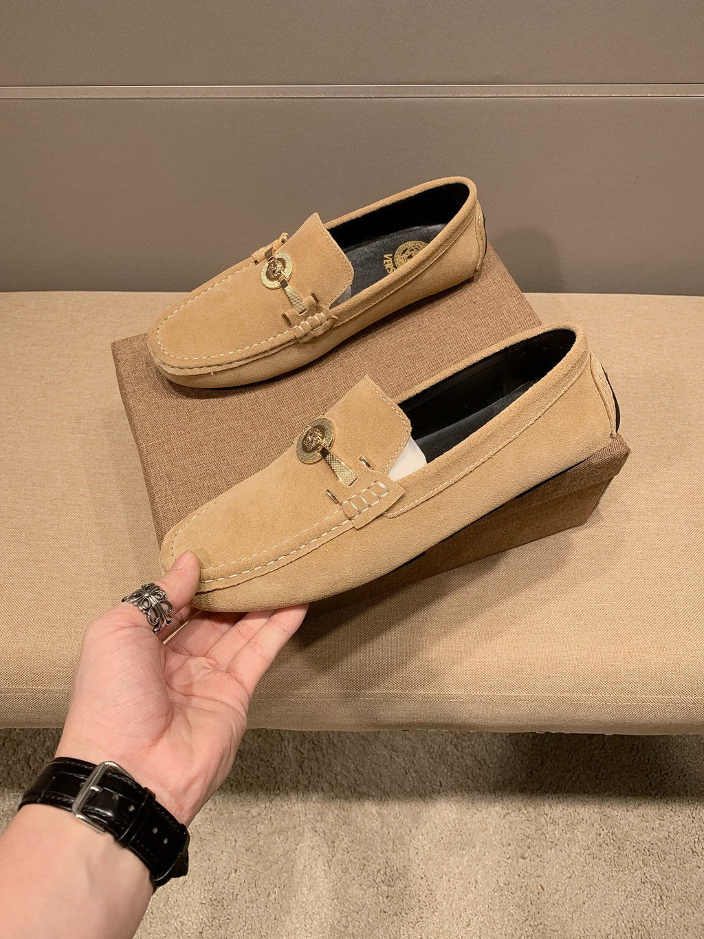 Versace Tan Hardware Loafers — front