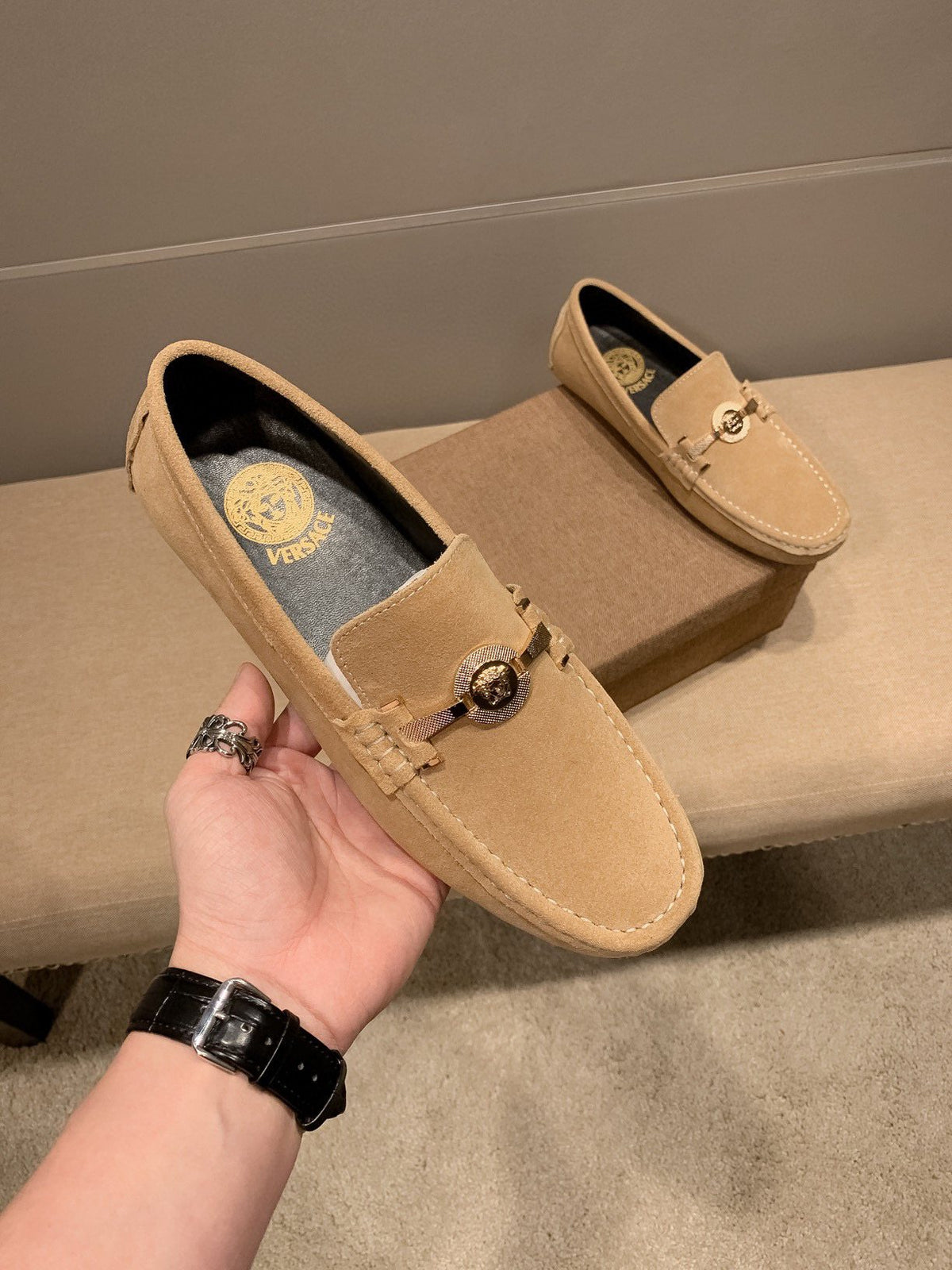 Versace Tan Hardware Loafers — front