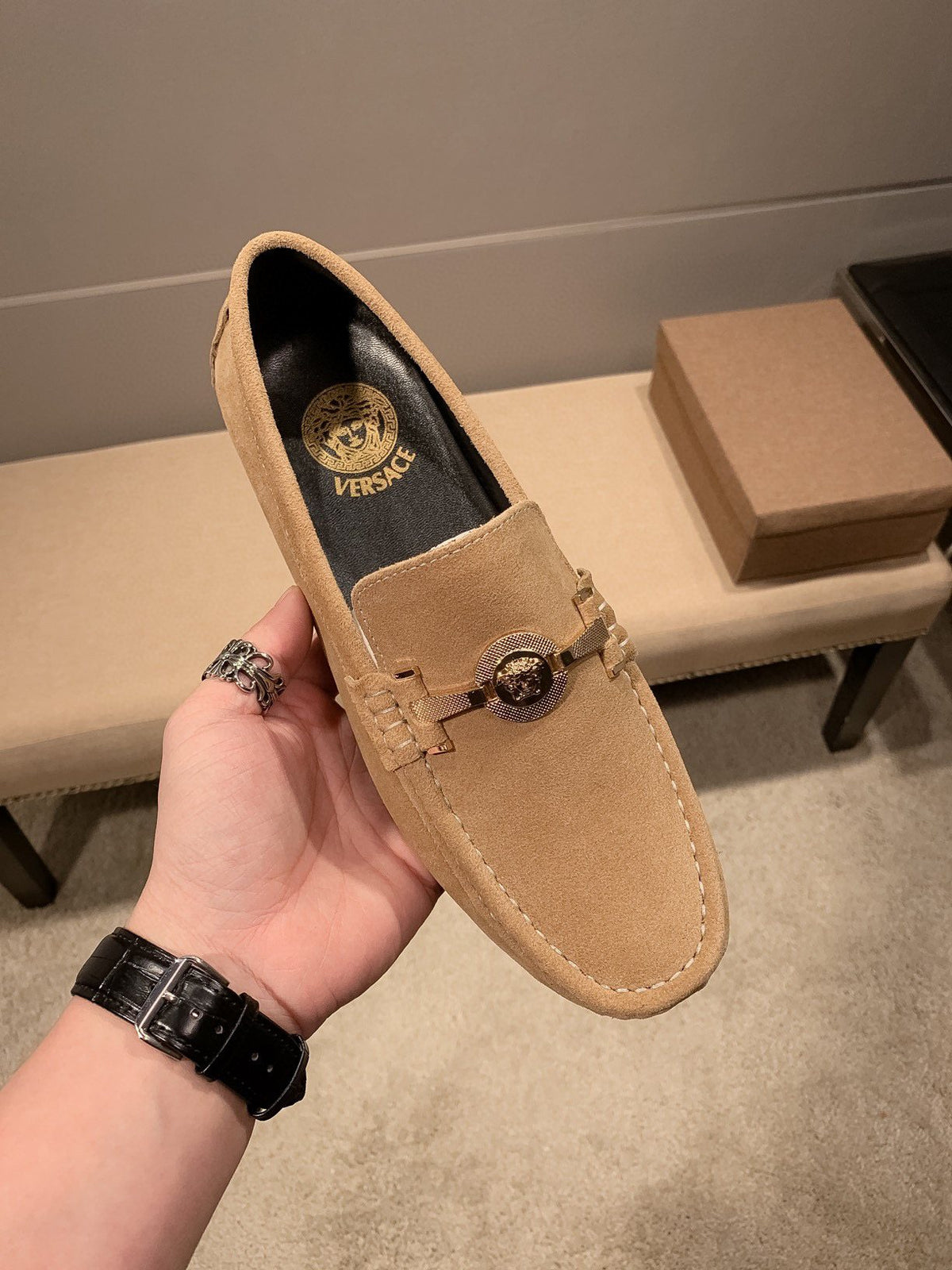 Versace Tan Hardware Loafers — front