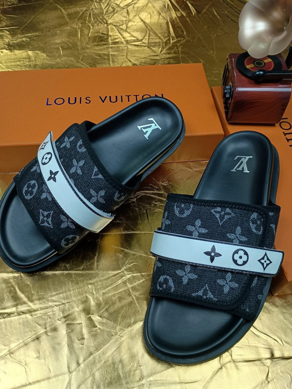 Louis Vuitton Black Graphic Band Slide Sandals — side