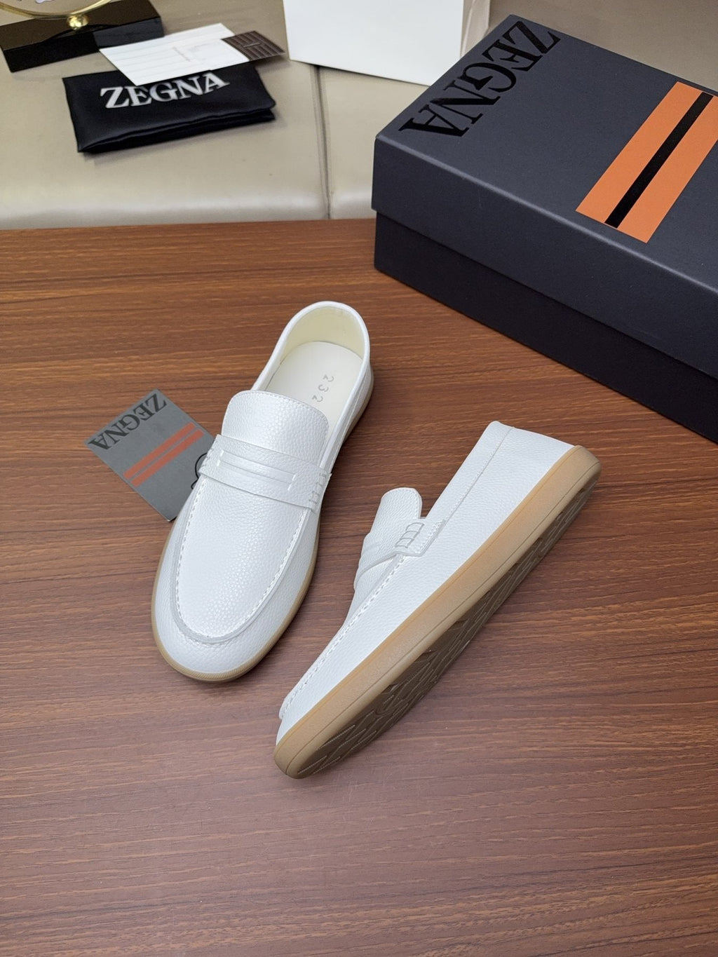 Zegna White Strap Loafers — front