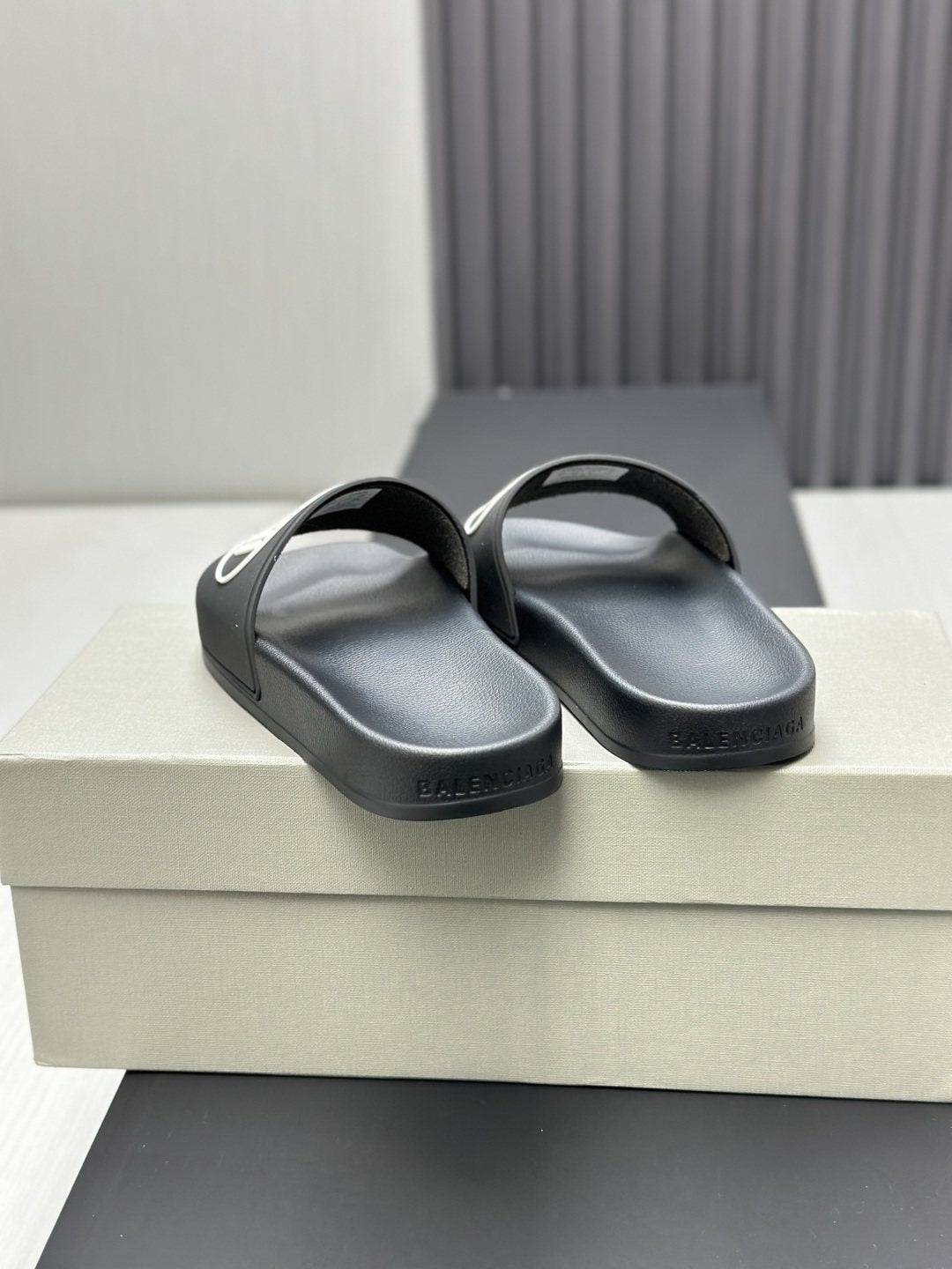 Black Logo Strap Slide Sandals — front