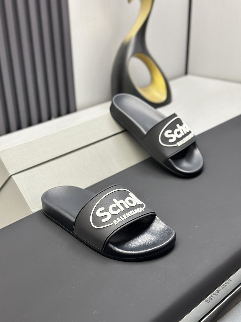 Black Logo Strap Slide Sandals — front